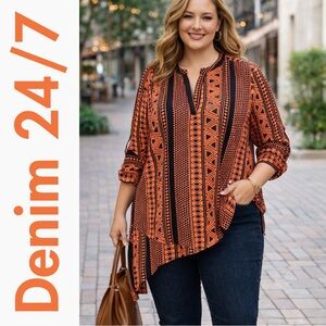 Denim 24/7 Geometric Asymmetrical Orange & Black Tunic, 14W